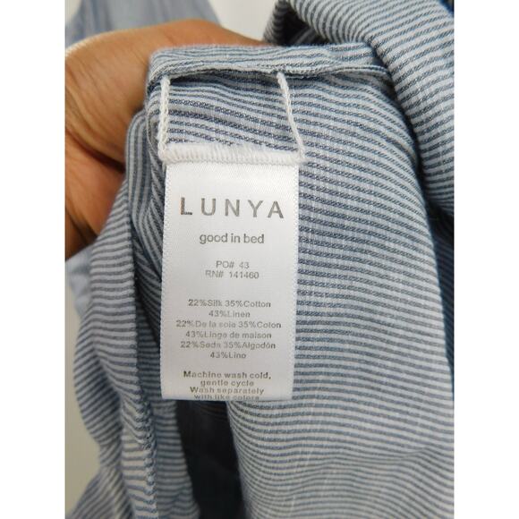 LUNYA Women's Blue Striped Pajama Linen‎ Silk Loungewear Romper Size S Luxury - Picture 3 of 4